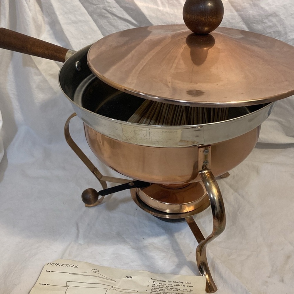 Copper Chafing Dish Fondue Set W/ Walnut Handle Great for Serving Copper Chafing